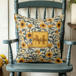 Stunning Art Nouveau Sunflower Monogrammed Cushion