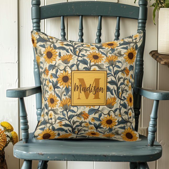 Stunning Art Nouveau Sunflower Monogrammed Cushion (Creator Uploaded)