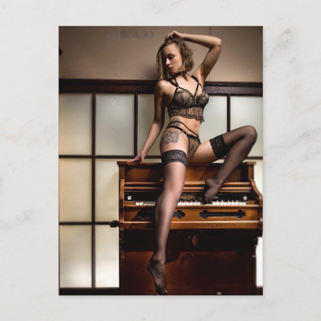 Stunning beauty on Piano Black lingerie photo Postcard (Front)