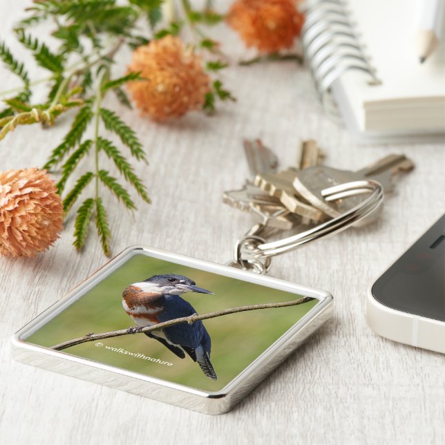 Stunning Belted Kingfisher Bird on a Limb Key Ring (Side)
