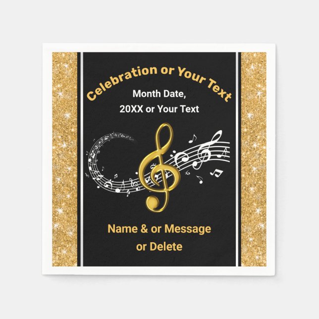 Stunning Black and Gold Personalised Music Napkins (Front)
