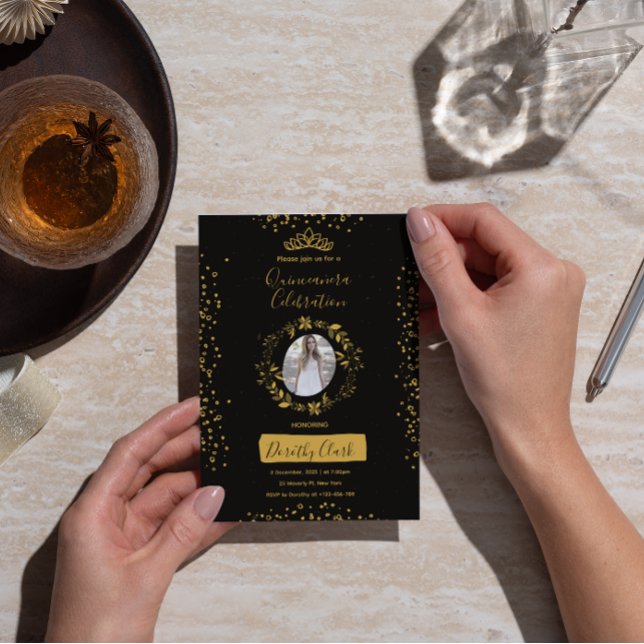 Stunning Black and Gold Watercolor Quinceañera Invitation (Creator Uploaded)