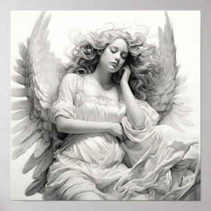 stunning black and white sleeping angel drawing  poster