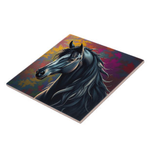 Stunning Black Friesian Horse in the Fall Tile