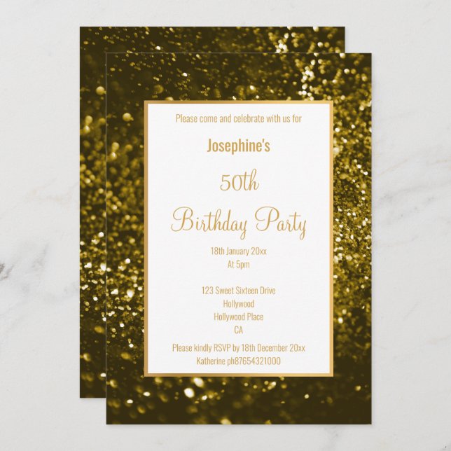 STUNNING BLACK & GOLD GLITTER CUSTOM BIRTHDAY INVITATION (Front/Back)