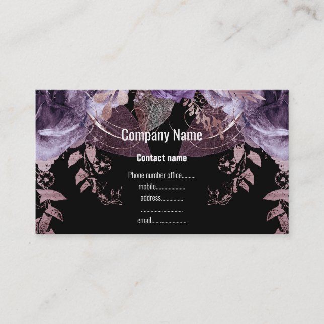 STUNNING BLACK PURPLE FLORAL ROSE BUSINESS CARD (Front)