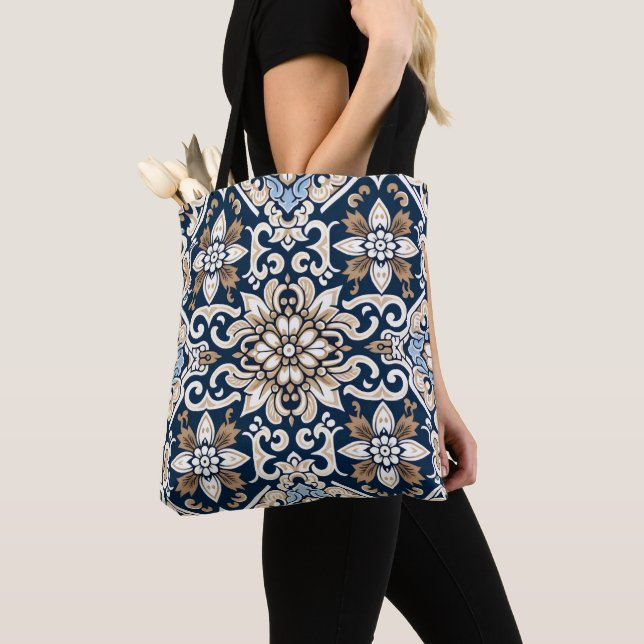 Stunning Blue and Brown Batik Floral Pattern Tote Bag (Close Up)