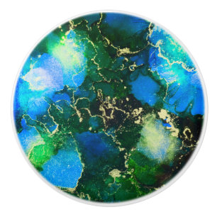 Stunning Blue and Gold Alcohol Ink Painting Ceramic Knob