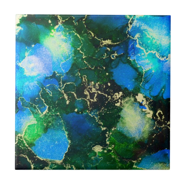 Stunning Blue and Gold Alcohol Ink Painting Tile (Front)
