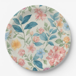 Stunning Blue and Pink Floral Design Paper Plate