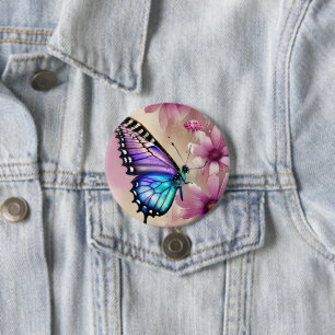 Stunning Blue Butterfly and Pink Flowers 7.5 Cm Round Badge