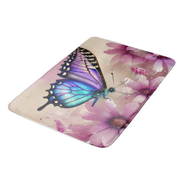 Stunning Blue Butterfly and Pink Flowers Bath Mat (Angled)