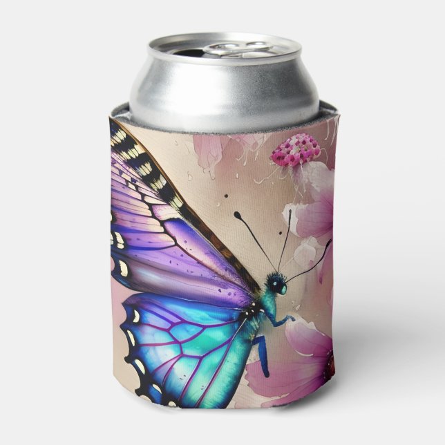 Stunning Blue Butterfly and Pink Flowers Can Cooler (Can Front)