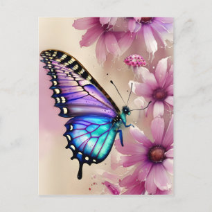 Stunning Blue Butterfly and Pink Flowers Postcard