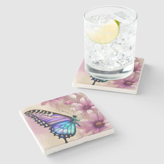 Stunning Blue Butterfly and Pink Flowers Stone Coaster (Side)