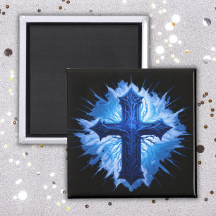 Stunning Blue Christian Cross on black Magnet