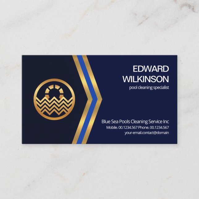 Stunning Blue Gold Arrow Swimming Pool Contractor Business Card (Front)