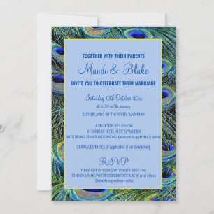 Stunning Blue & Gold Peacock Feathers Wedding Invitation