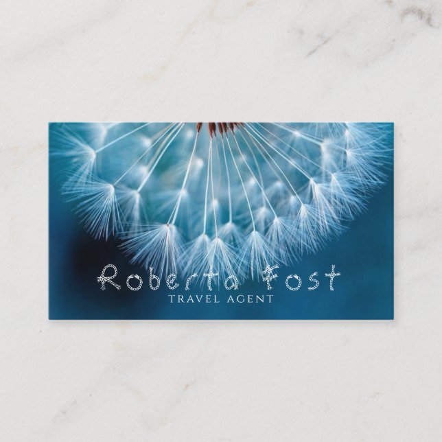 Stunning Blue Travel Agent Dandelion Design Business Card (Front)
