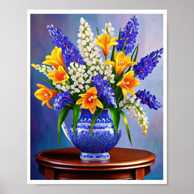 Stunning Blue Vase Orange Tulips Art Print Poster (Front)