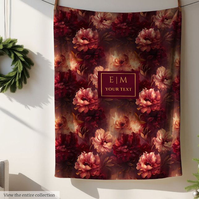 Stunning Blush Burgundy Gold Floral Watercolor  Fleece Blanket (Stunning Blush Burgundy Gold Floral Watercolor Fleece Blanket )