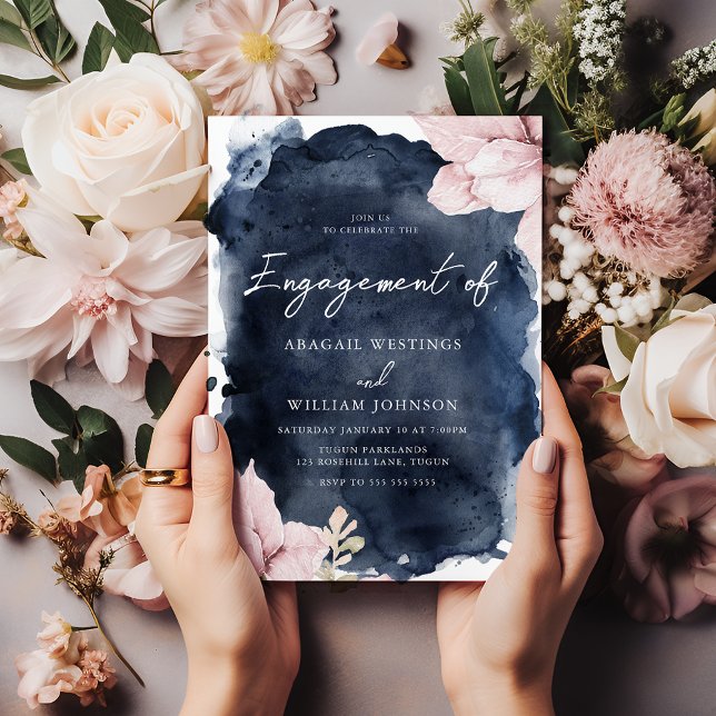 Stunning Blush Floral Navy Splash Engagement Party Invitation (Creator Uploaded)