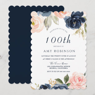 Stunning Blush & Navy Floral 100th Birthday Party Invitation