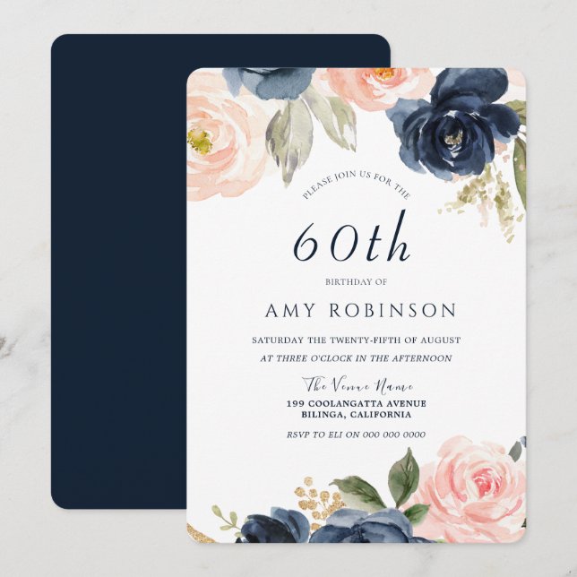Stunning Blush & Navy Floral 60th Birthday Party Invitation (Front/Back)