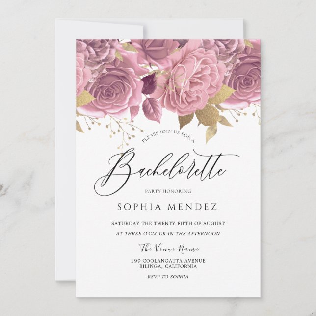 Stunning Blush Pink Floral Gold Bachelorette Party Invitation (Front)