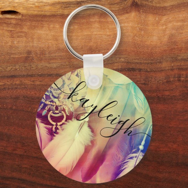 Stunning Boho Bohemian Style Dreamcatcher Feathers Key Ring (Front)