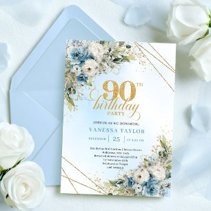 Stunning Boho Dusty Blue Floral Gold 90th Birthday Invitation
