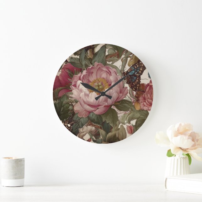 Stunning Bold Floral Design Butterfly and Peonies Large Clock (Home)