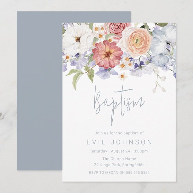 Stunning Botanical Floral boy or girl Baptism Invitation (Front/Back)