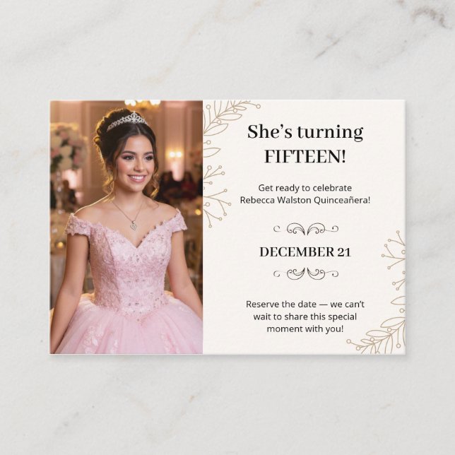 Stunning Brown Beige Leaf Minimalist Quinceanera Enclosure Card (Front)