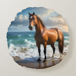 Stunning Brown Horse On The Beach, Round Cushion