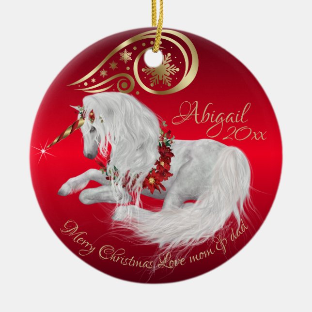 Stunning Christmas Unicorn Joy  Red  Ceramic Tree Decoration (Front)