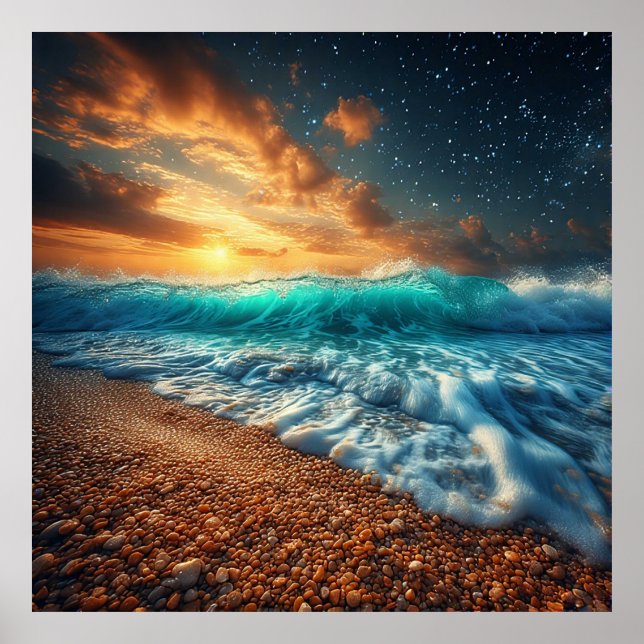 Stunning Coastal Sunset Over Ocean Waves Poster (Front)