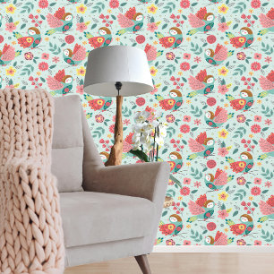 Stunning Colourful Bird Pink Green Pattern Wallpaper
