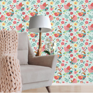 Stunning Colourful Bird Pink Green Pattern Wallpaper