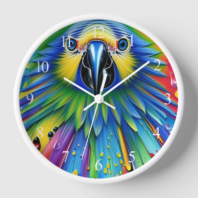 Stunning Colourful Splatter Paint Parrot Clock (Front)