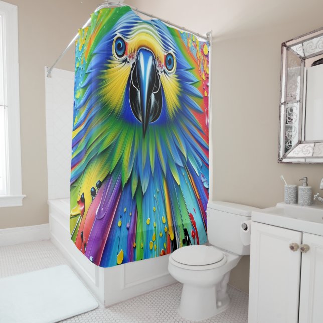 Stunning Colourful Splatter Paint Parrot Shower Curtain (In Situ)