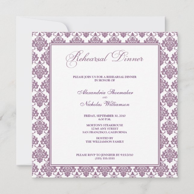 Stunning Damask Rehearsal Dinner Invite (purple) (Front)