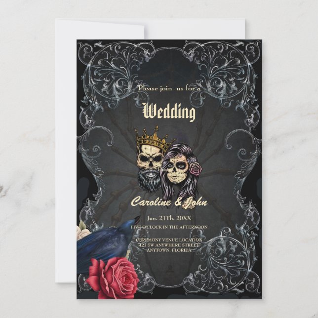 Stunning dark gothic wedding design with skulls  invitation (Front)