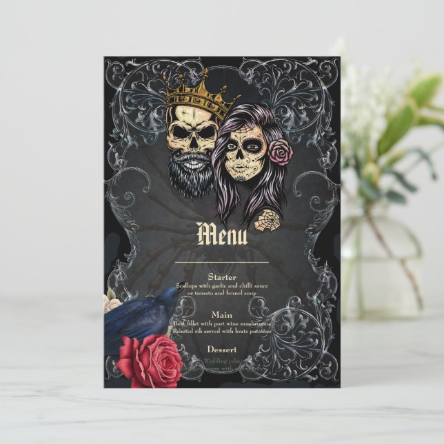 Stunning dark gothic wedding design with skulls  menu (Standing Front)