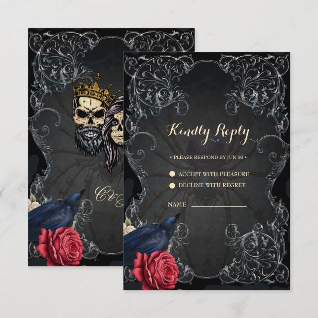 Stunning dark gothic wedding design with skulls  RSVP card (Front/Back)