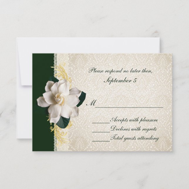 Stunning Dark Green & Ivory Gardenia Wedding RSVP (Front)