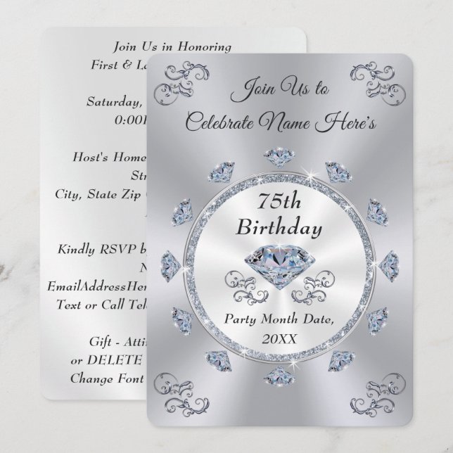 Stunning Diamond, 75th Birthday Invitation Card (Front/Back)