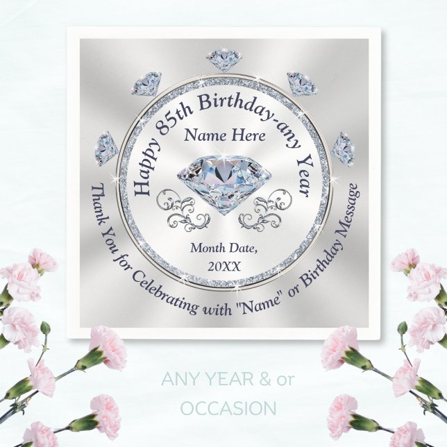 Stunning Diamond themed, 85th Birthday Napkins (85th birthday napkins. Custom, 85th birthday plates and napkins. 85th birthday table decorations.)