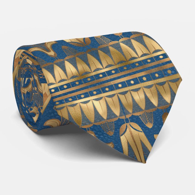 Stunning Egyptian Royal Blue and Gold Patterned Tie (Rolled)