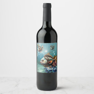Stunning fantasy steampunk fish wine label